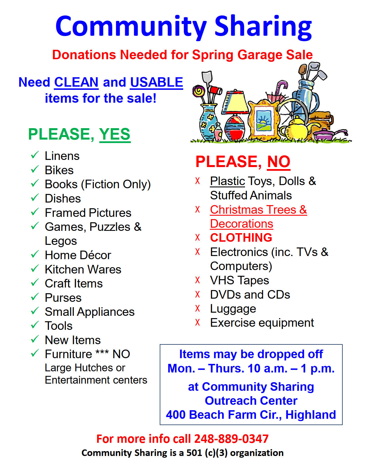 2025 spring cs garage sale donation flyer list rev